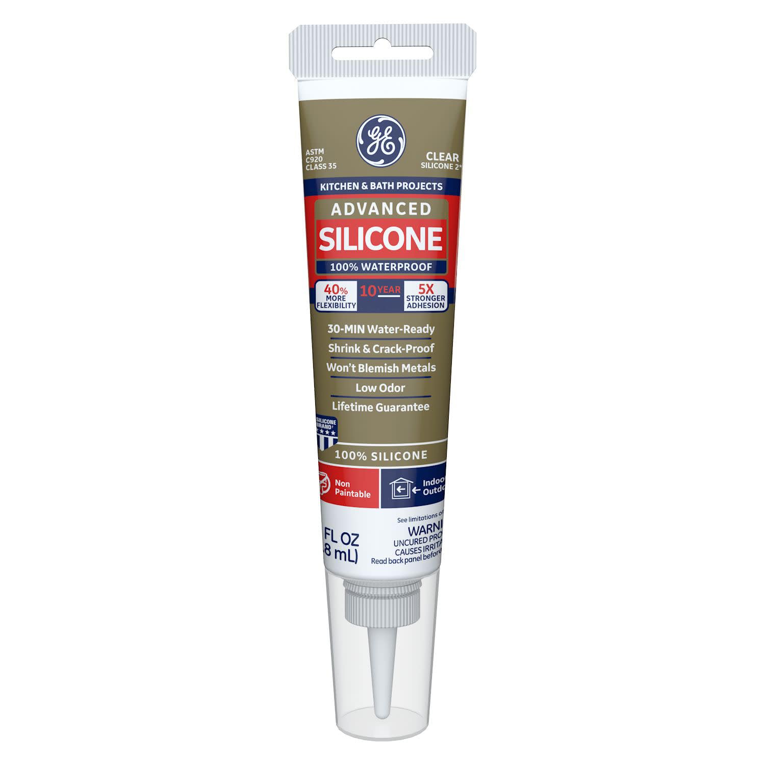 GE Advanced Silicone Caulk for Kitchen & Bathroom – 100% Waterproof Silicone Sealant, Shrink & Crack Proof – 2.8 fl oz Tube, Clear, 1 Pack