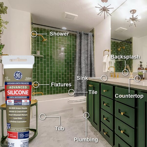 GE Advanced Silicone Caulk for Kitchen & Bathroom - 100% Waterproof Silicone Sealant, Shrink & Crack Proof - 2.8 fl oz Tube, Clear, 1 Pack - Image 3