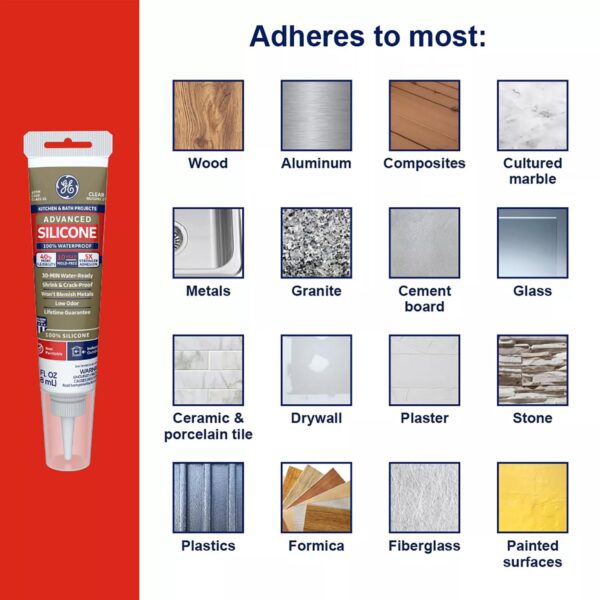 GE Advanced Silicone Caulk for Kitchen & Bathroom - 100% Waterproof Silicone Sealant, Shrink & Crack Proof - 2.8 fl oz Tube, Clear, 1 Pack - Image 2